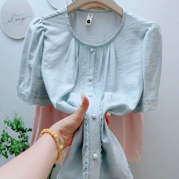 法式小香风夏季新款泡泡袖宽松衬衫短袖圆领设计衬衣甜美上衣小衫