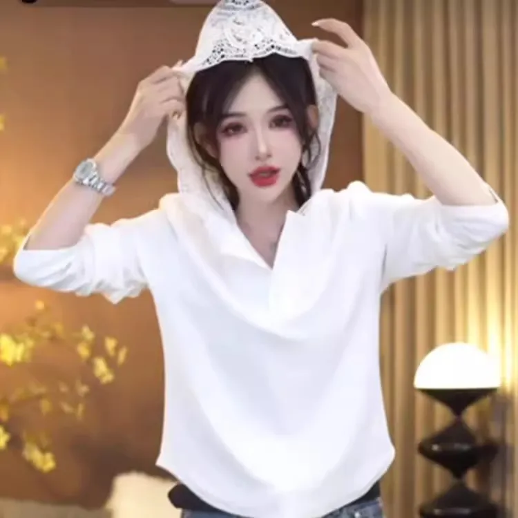 设计感蕾丝连帽长袖打底衫T恤女2025春季新款洋气别致百搭上衣潮