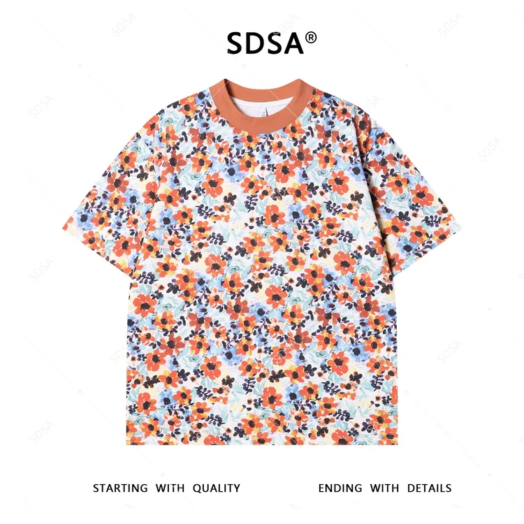 夏季高级感新款男士韩版油画撞色花朵短袖T恤小众设计圆领上衣潮