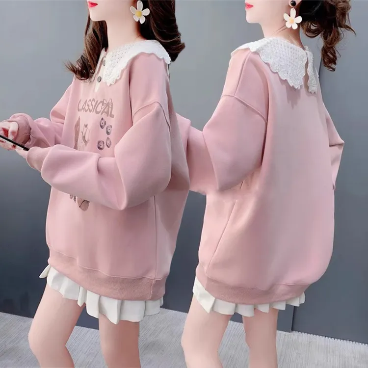 大码女装设计感加绒洋气卫衣秋冬新款韩版宽松百搭娃娃领减龄上衣