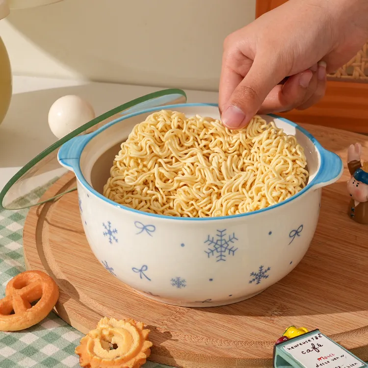 【双耳泡面碗】雪花陶瓷泡面碗带盖学生宿舍方便面碗少女螺蛳粉碗