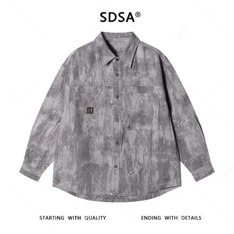 SDSA秋冬新款痞帅男装潮牌扎染刺绣字母翻领长袖衬衫百搭时尚衬衣