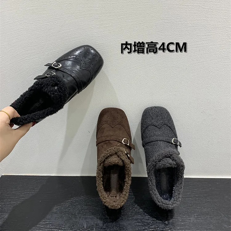 内增高！复古方头乐福鞋加绒单鞋秋冬女鞋布洛克风黑色小皮鞋棉鞋