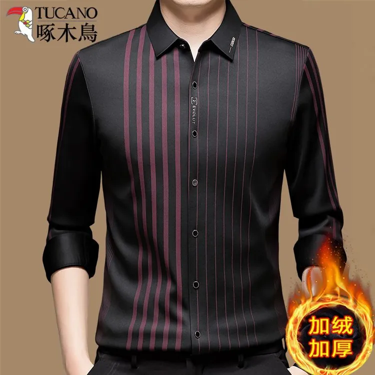 啄木鸟冬季新款高档男加绒加厚撞色大气条纹衬衣商务休闲时尚衬衫