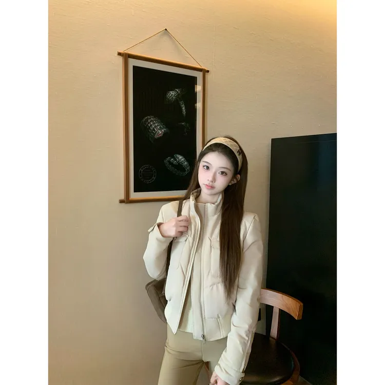 Bigking大金家 短款立领90白鸭绒羽绒服女冬收腰飞行员夹克外套