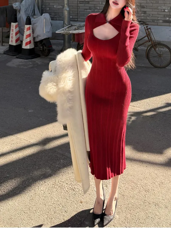 镂空肌理修身长袖针织包臀红色连衣裙秋冬显身材鱼尾裙纯欲长裙