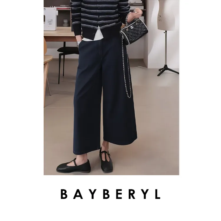 BAYBERYL老贝八分牛仔*深蓝阔腿时尚休闲秋牛仔裤9NZK5H0441-8/7