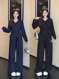 2025秋装新款胖mm大码女休闲气质V领绑带衬衫上衣阔腿裤套装23089