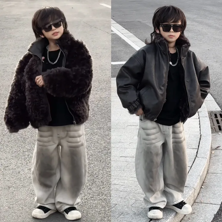 七乐乐家儿童冬款时尚双面穿皮派克服仿寒保暖外套上衣