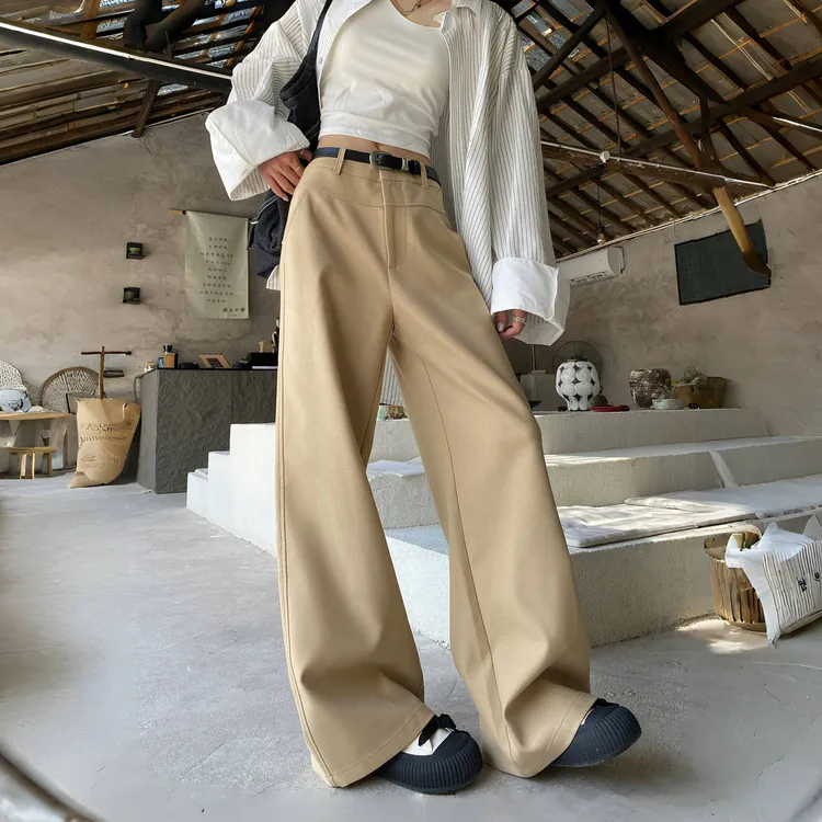 卡其色休闲直筒裤女2025秋季新款宽松慵懒风阔腿裤高腰窄版西装裤