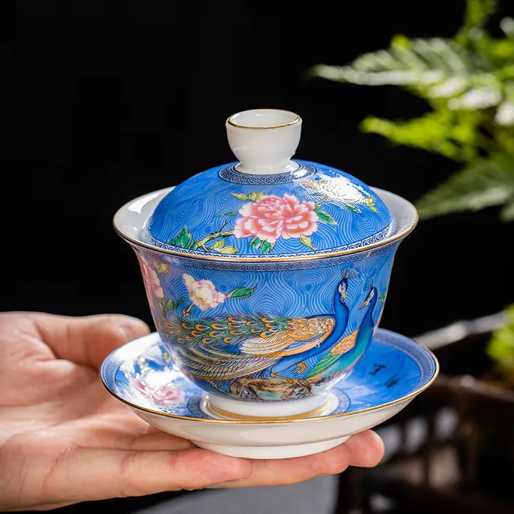 盖碗茶杯茶碗茶具宫廷风珐琅彩茶碗孔雀陶瓷功夫三才碗