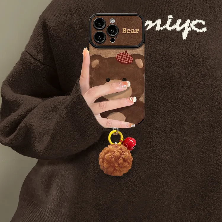 毛绒小熊适用苹果17华为vivo/oppo小米iPhone16pro视窗贴皮手机壳