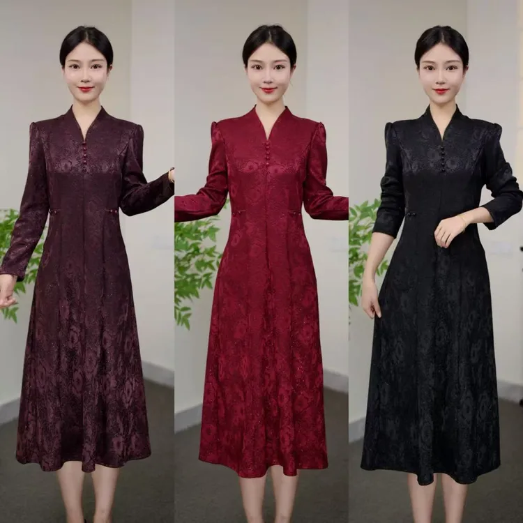 8866#秋冬新品重磅提花刺绣锦棉罗马满天星气质连衣裙