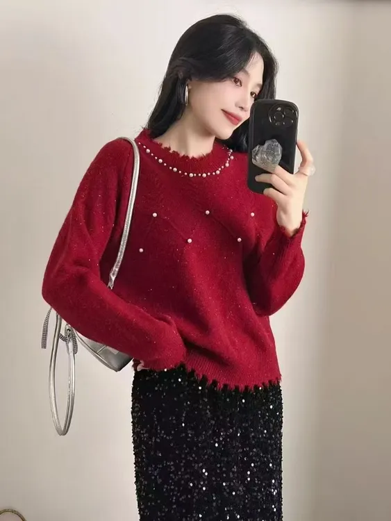 2025冬季新款女装加厚纯色毛衣时尚休闲百搭钉珠圆领套头针织衫潮
