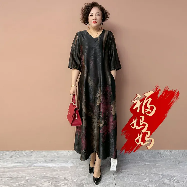 H夏季美衣高端国风中年妈妈时尚气质连衣裙宽松大码丝质200斤长裙