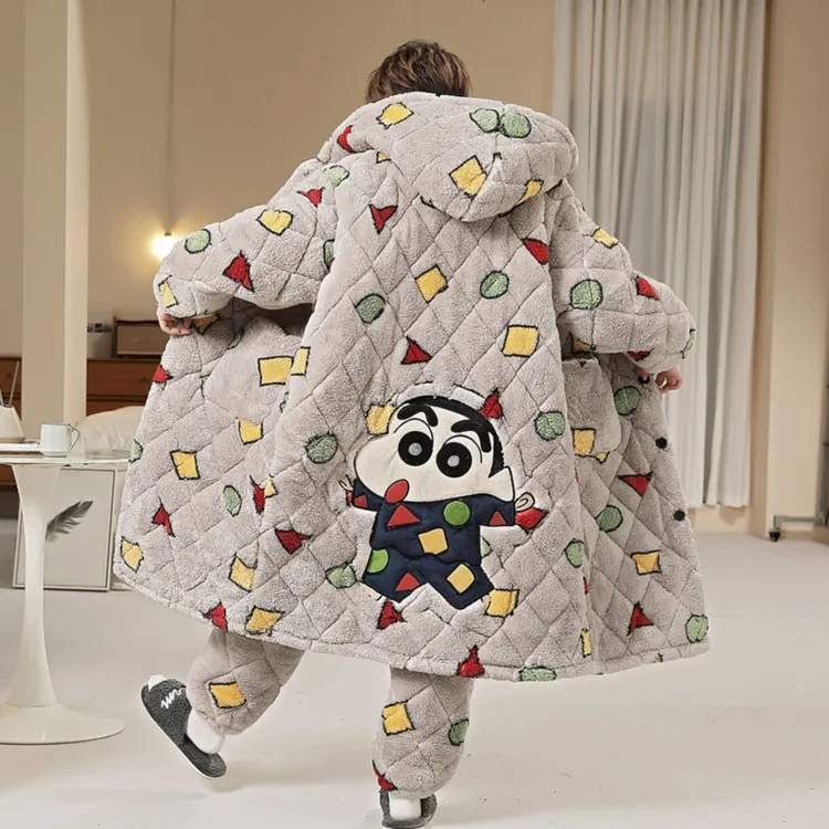 男士睡衣冬季加厚加绒三层夹棉中长款睡袍卡通连帽保暖家居服套装