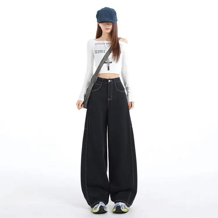 夜空蓝拼接阔腿牛仔裤女2025早秋新款高腰宽松显瘦设计感弯刀裤子