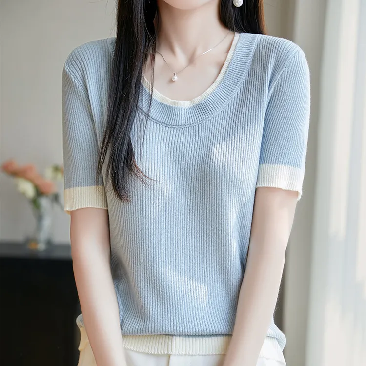 薄款夏季气质假两件撞色针织短袖T恤女设计感减龄显瘦上衣打底衫
