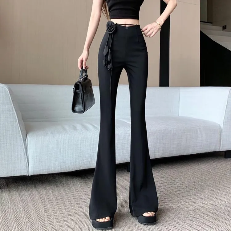 黑色马蹄西装裤女春季设计感镂空系带玫瑰花高腰裤垂感拖地微喇裤