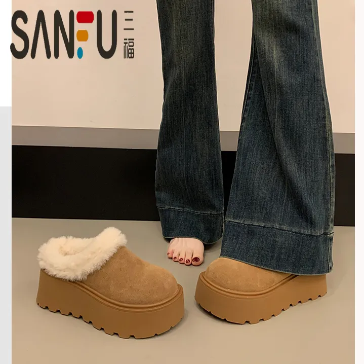 三福厚底小个子勃肯鞋女包头半拖外穿秋冬新款加绒毛毛雪地棉拖鞋