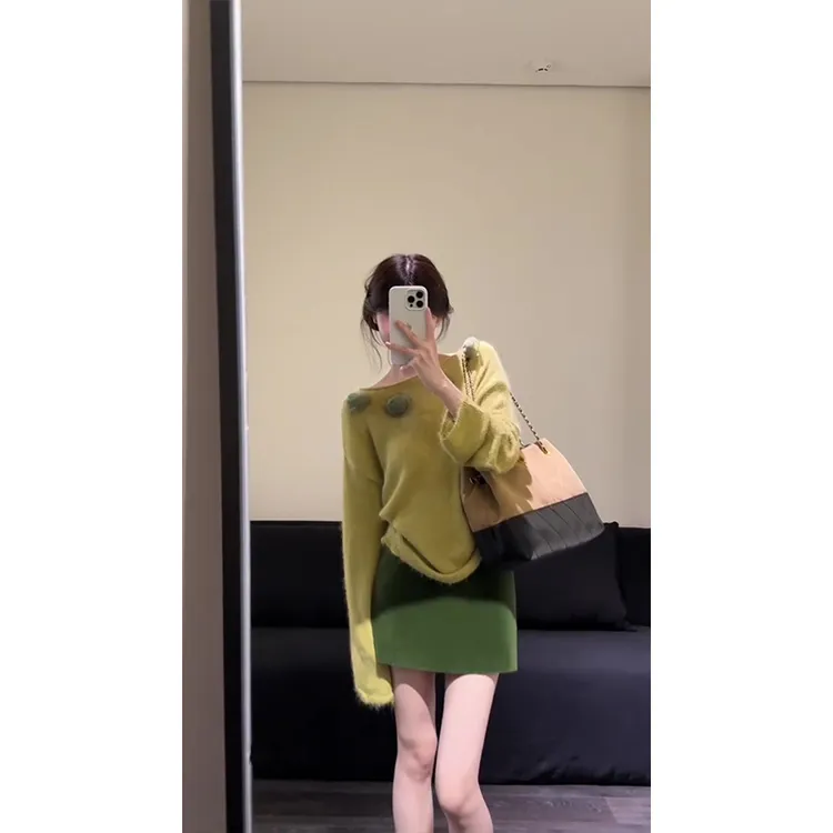 parkyeon盐系轻熟风立体花朵长袖针织毛衣女秋季包臀半身裙套装