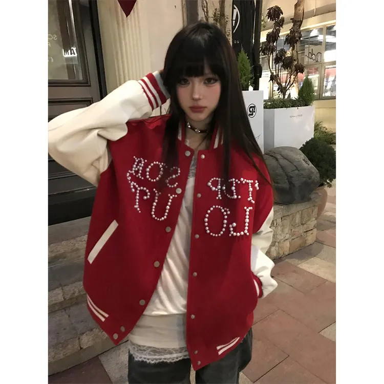 【新店7折】韩版街头红色棒球服外套情侣男女宽松外套夹克短款春季