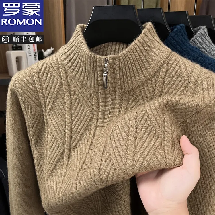 罗蒙男士针织毛衣秋冬季加厚半拉链套头毛衫时尚提花宽松保暖上衣