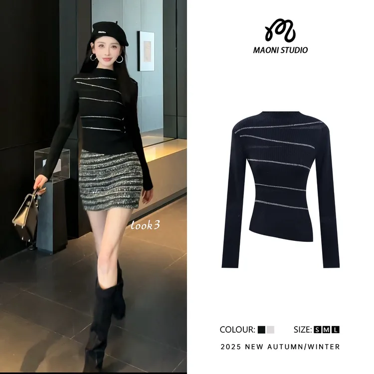 毛妮LADIESFIRST镂空烫钻细闪针织衫显瘦纯欲风收腰打底上衣L2895