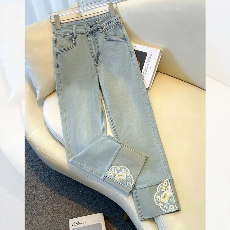 dhini新中式直筒牛仔裤女今年流行夏季新款九分小个子拼接国风刺