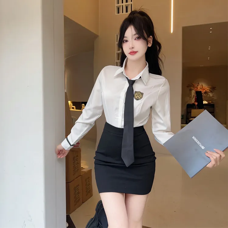 韩版校服英伦学院风衬衫jk制服套装女长袖白色衬衣包臀短裙两件套