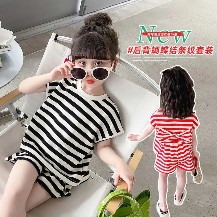 女童条纹套装女孩短袖夏季洋气蝴蝶结两件套女宝休闲韩版短裤套TZ