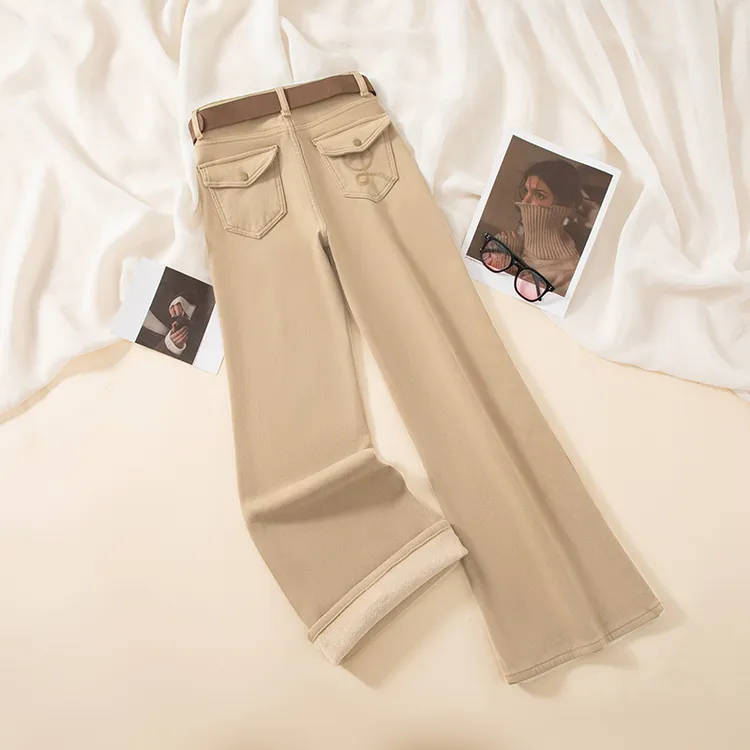 单裤/加绒高腰阔腿喇叭牛仔裤女弹力宽松显瘦垂感百搭加厚裤9875