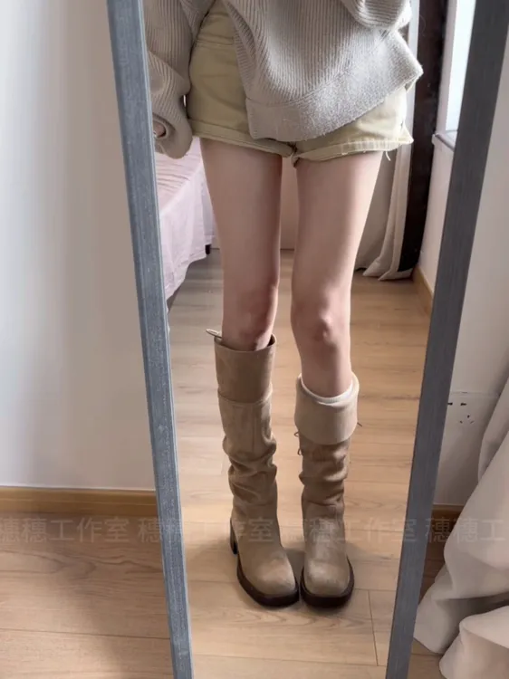 复古绒面圆头粗跟褶皱堆堆靴女时尚新款时尚西部牛仔靴美拉德长靴