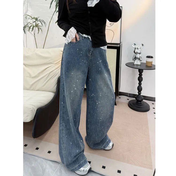 满天星河烫钻牛仔裤女秋季新款高腰显瘦大码宽松阔腿高级感拖地裤