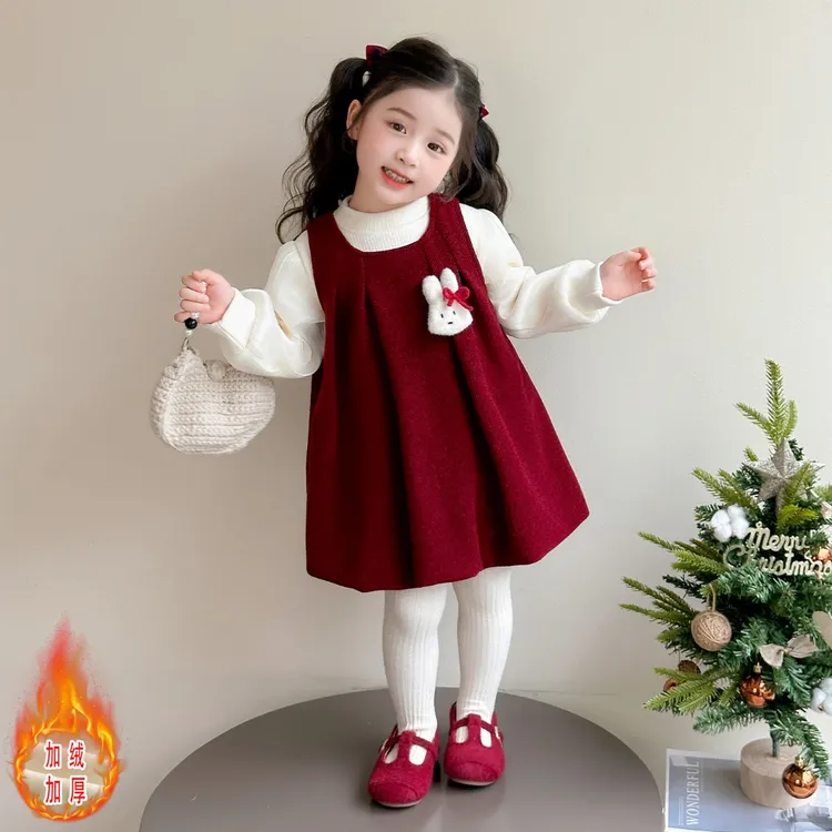 女童连衣裙冬装洋气女宝宝周岁礼服拜年服儿童公主裙套装加绒裙子