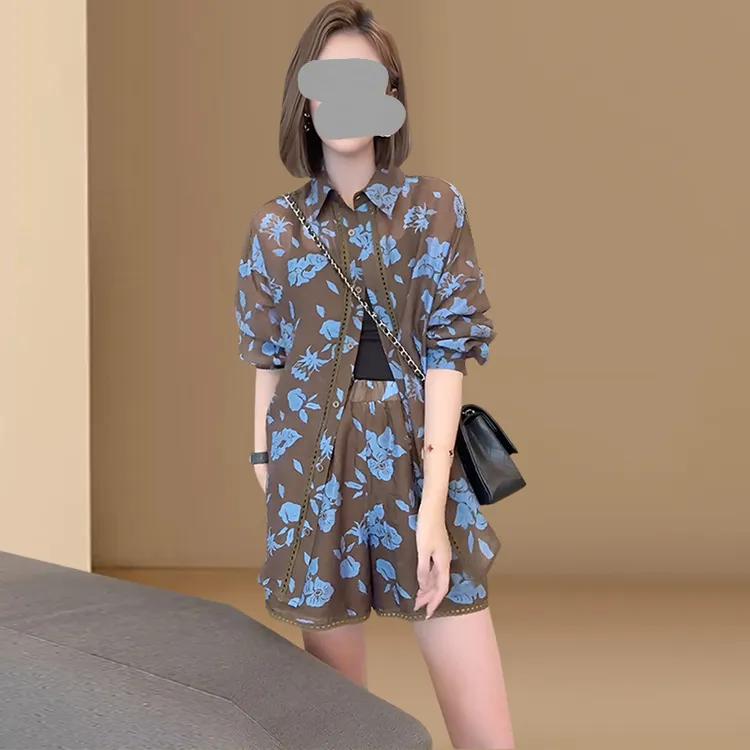 时尚高级休闲运动防晒印花衬衫短裤两件套装女2025超火夏装一整套
