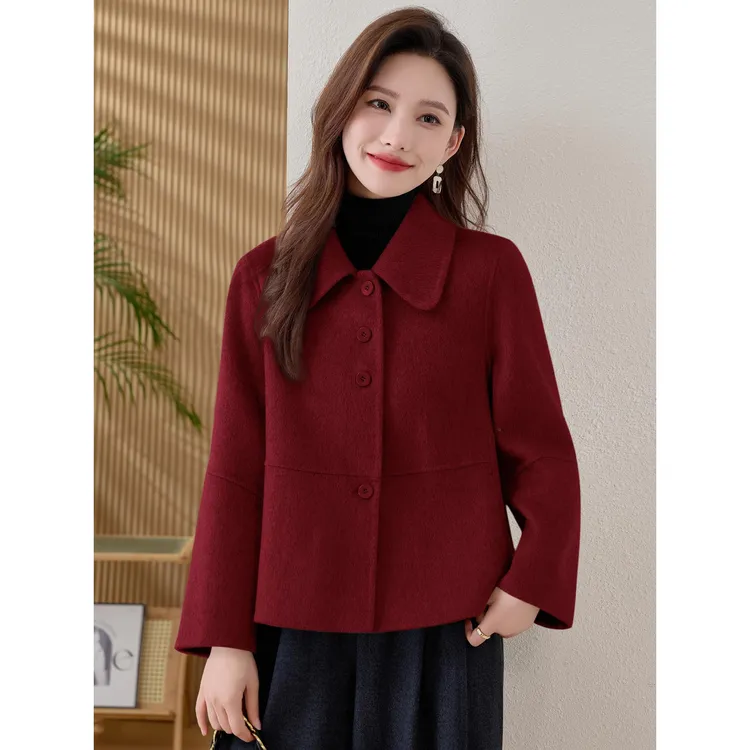 欧货高端红色双面羊大衣女2025秋冬新款时尚气质绵羊毛呢短外套