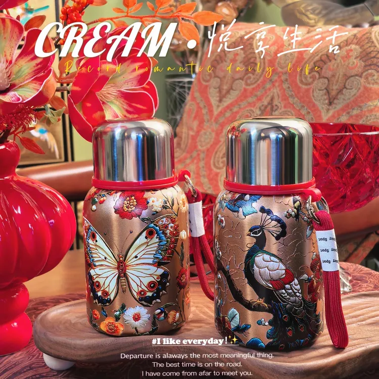 新款国风316孔雀蝴蝶保温杯泡茶便携大容量保冷保热水杯