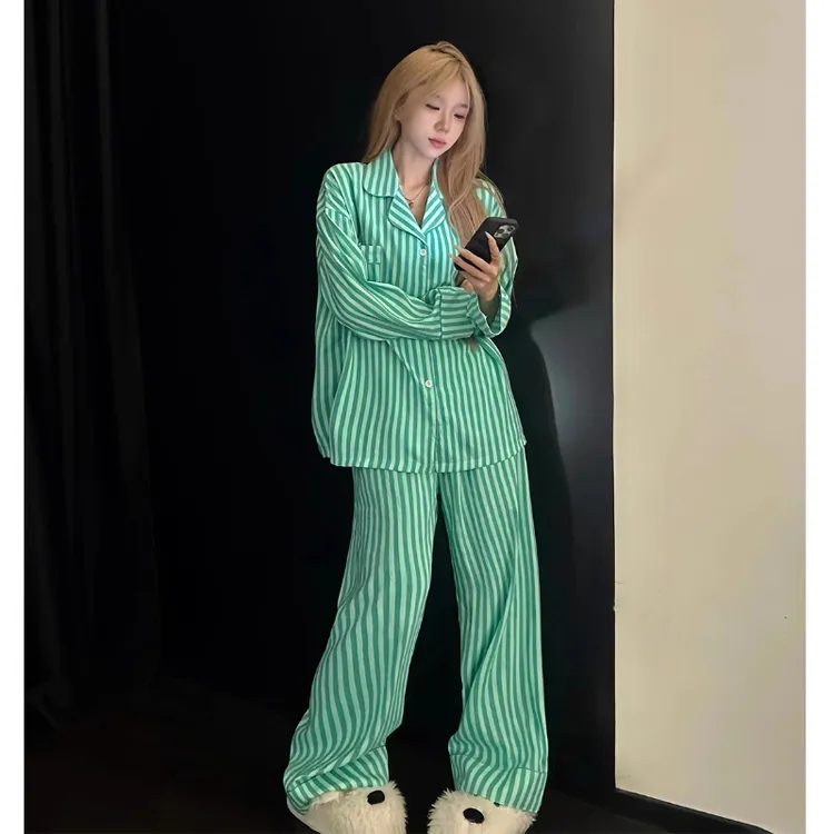 韩系清新条纹ins睡衣女款春秋季休闲慵懒感显瘦可外穿家居服套装