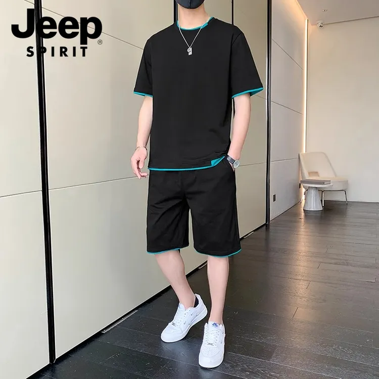 JEEPSPIRIT夏季短袖套装男士纯棉t恤休闲运动短裤假两件潮流一套