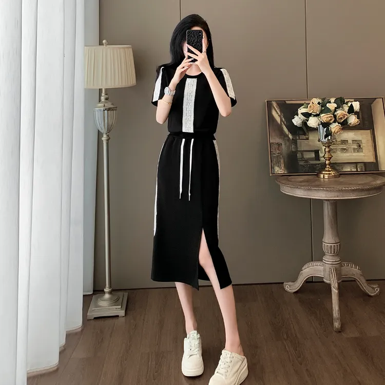休闲风时尚套装女两件套黑色套装显瘦开叉上衣夏季小个子气质短袖