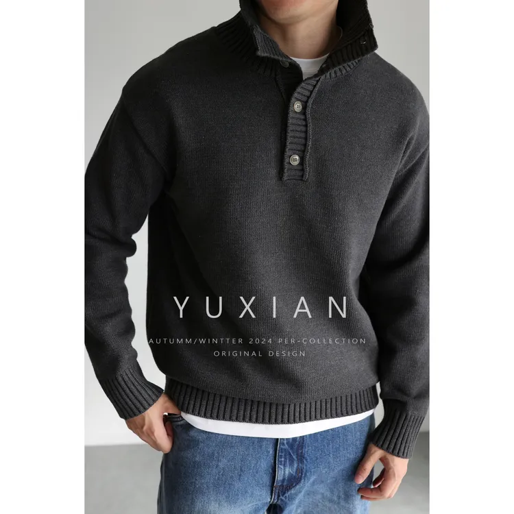 YUXIAN重磅美式复古纽扣可翻立领高领毛衣针织长袖休闲商务秋冬季