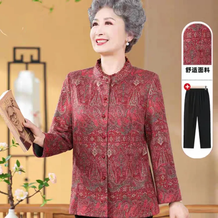 奶奶春秋装新款女中老年人衬衫妈妈长袖老人套装老太太春秋薄外套