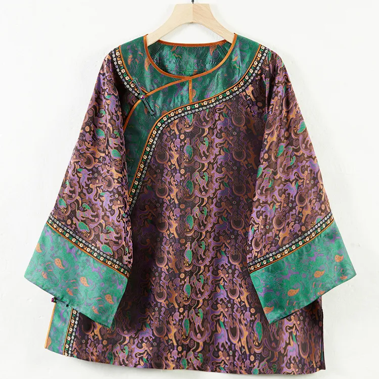 华族经典【紫宸星铃】250742T唐锦桑蚕丝斜襟圆领高贵紫唐装上衣