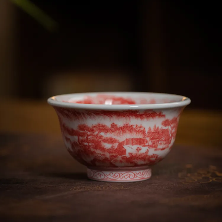 【九茗珍藏】精工全红山水压手杯 喝茶主人杯景德镇纯手工手绘茶具