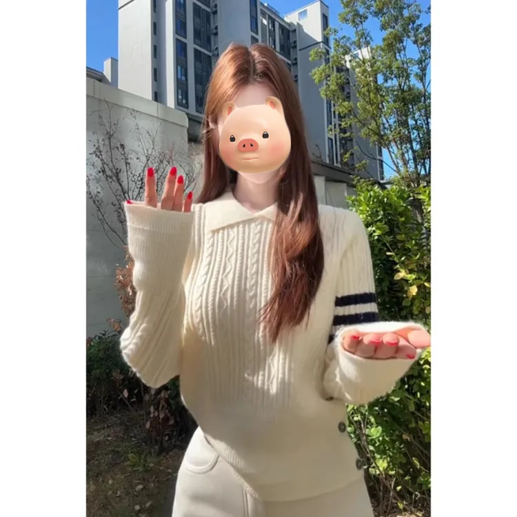 法式翻领套头三条杠麻花毛衣女秋冬季加厚收腰显瘦内搭针织衫上衣