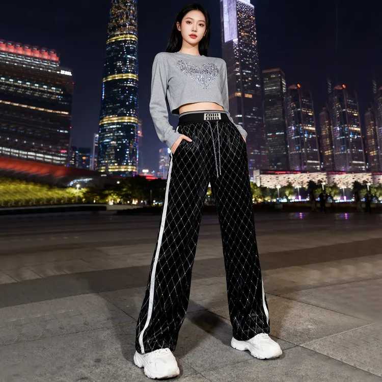 丝绒烫银阔腿裤女秋冬季休闲阔腿裤黑色时尚显瘦运动裤