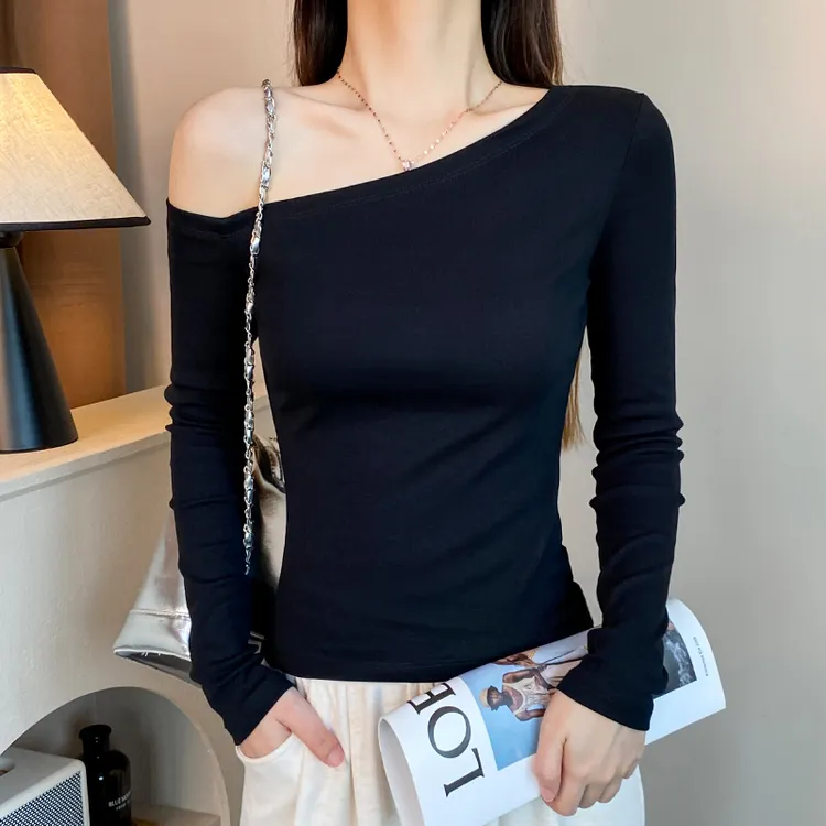 打底衫黑色斜露肩长袖t恤女设计感小众百搭露肩内搭修身辣妹上衣