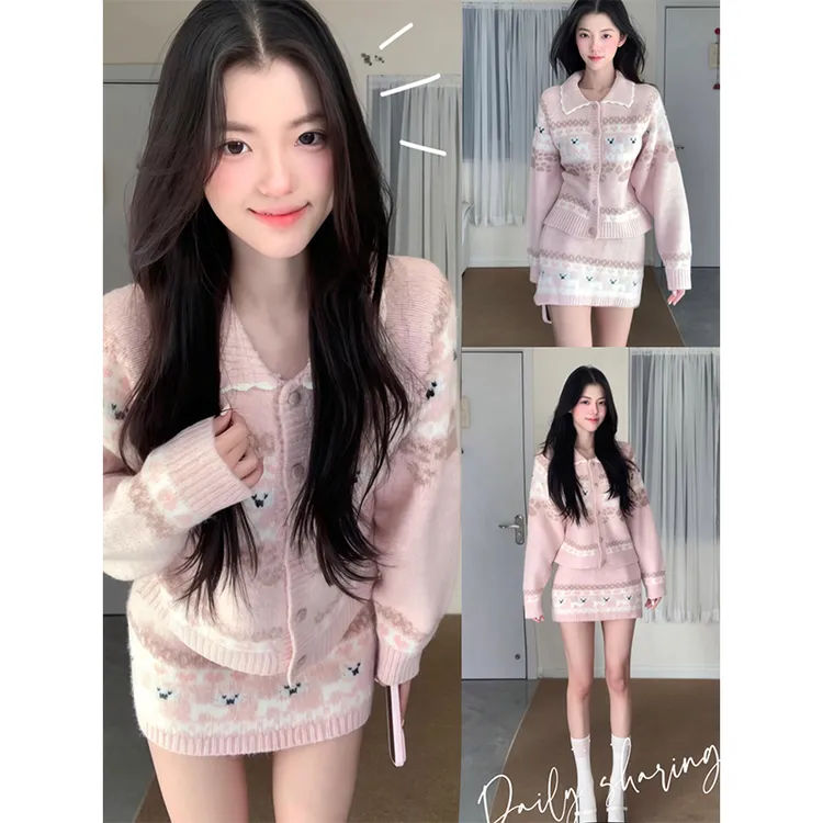 秋季温柔系穿搭女2025新款韩版甜美减龄针织开衫显瘦短裙两件套装