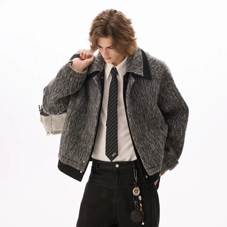 CHOR秋冬季双领撞色假两件短款夹克呢料外套时尚休闲复古宽松翻领